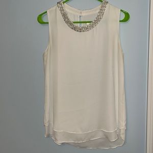 Ivory blouse/tank with pearl- and jewel-rimmed neckline from Kenar
